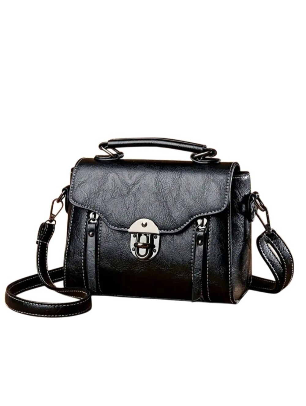 Classic Black Leather Crossbody Satchel - Unbranded